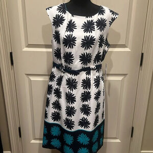 Maglia NWT Belted Dress Size 12 White Teal & Blue 97% Cot. 3% Span.